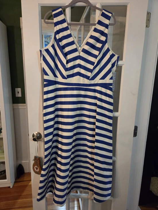 Boden Blue and White Striped V-Neck Midi Dress - Size 14R - Picture 5 of 8